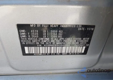 2017 Subaru Legacy 2.5I Premium z USA, uszkodzony, nr VIN 4S3BNAC63H3040888